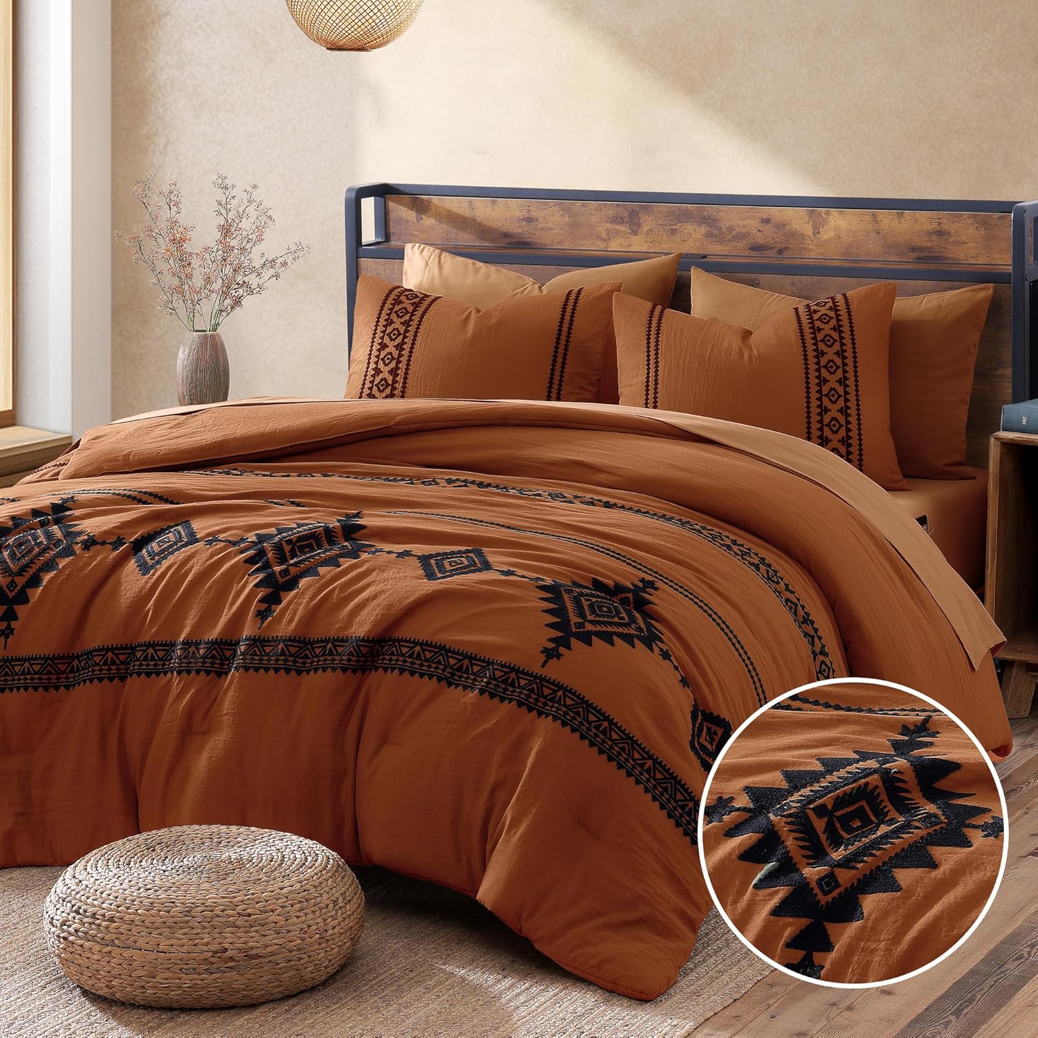 MaiRêve Embroidery Comforter Sets King Size Olive Green - 7 Pieces, Farmhouse Western Bedding Comforter Set, All Season Bed in A Bag King with Sheets, Comforters, Pillowcases & Shams