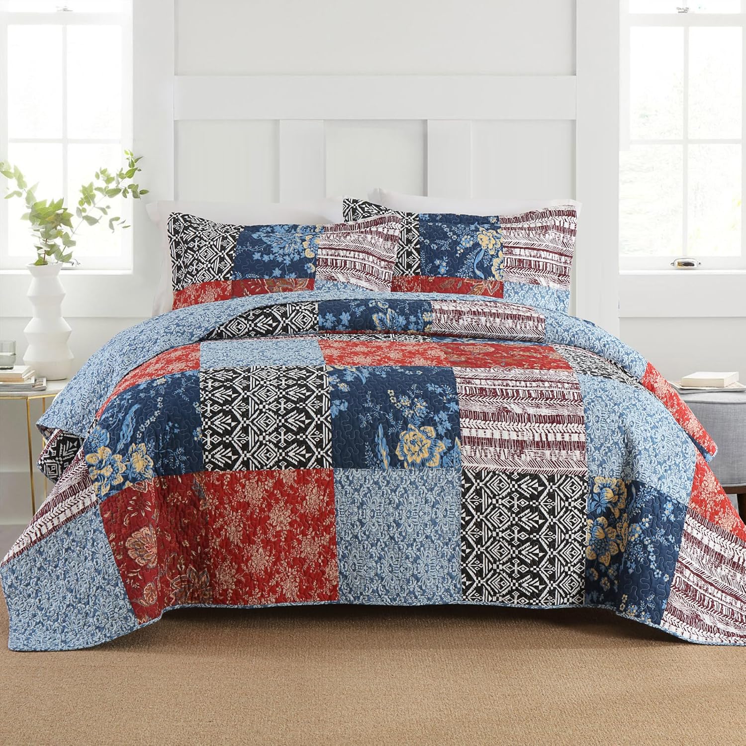Secgo Queen Comforter Set for Bed - 100% Cotton Quilts Queen Size, Green, Sage Bedspreads (90 * 98 Inch) with 2 Pillow Shams, Patchwork Reversible Lightweight Bedding